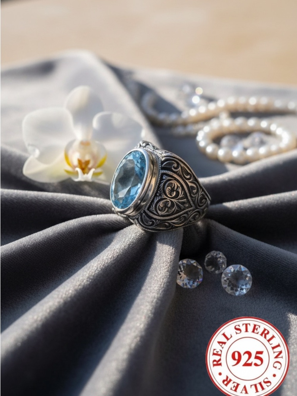Artisan, Boho, Vintage Style Ottoman Style 925 Sterling Silver Aquamarine Ring - Picture 4 of 6